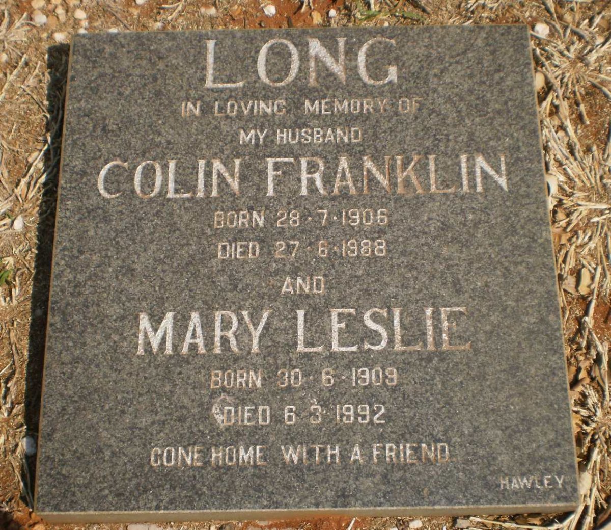 LONG Colin Franklin 1906-1988 &amp; Mary Leslie 1909-1992
