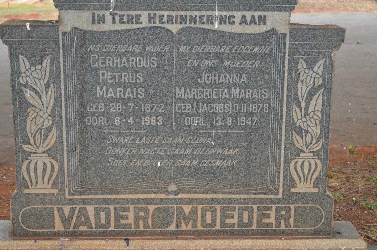 MARAIS Gerhardus Petrus 1872-1963 &amp; Johanna Margrieta JACOBS 1878-1947