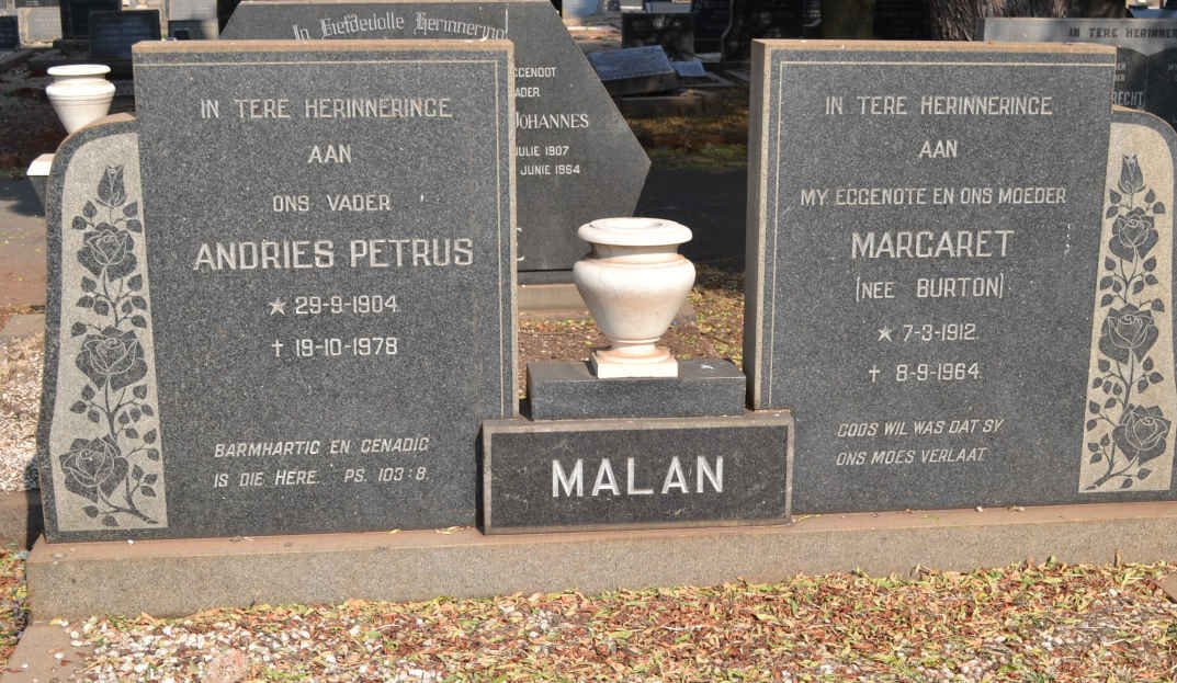 MALAN Andries Petrus 1904-1978 &amp; Margaret BURTON 1912-1964