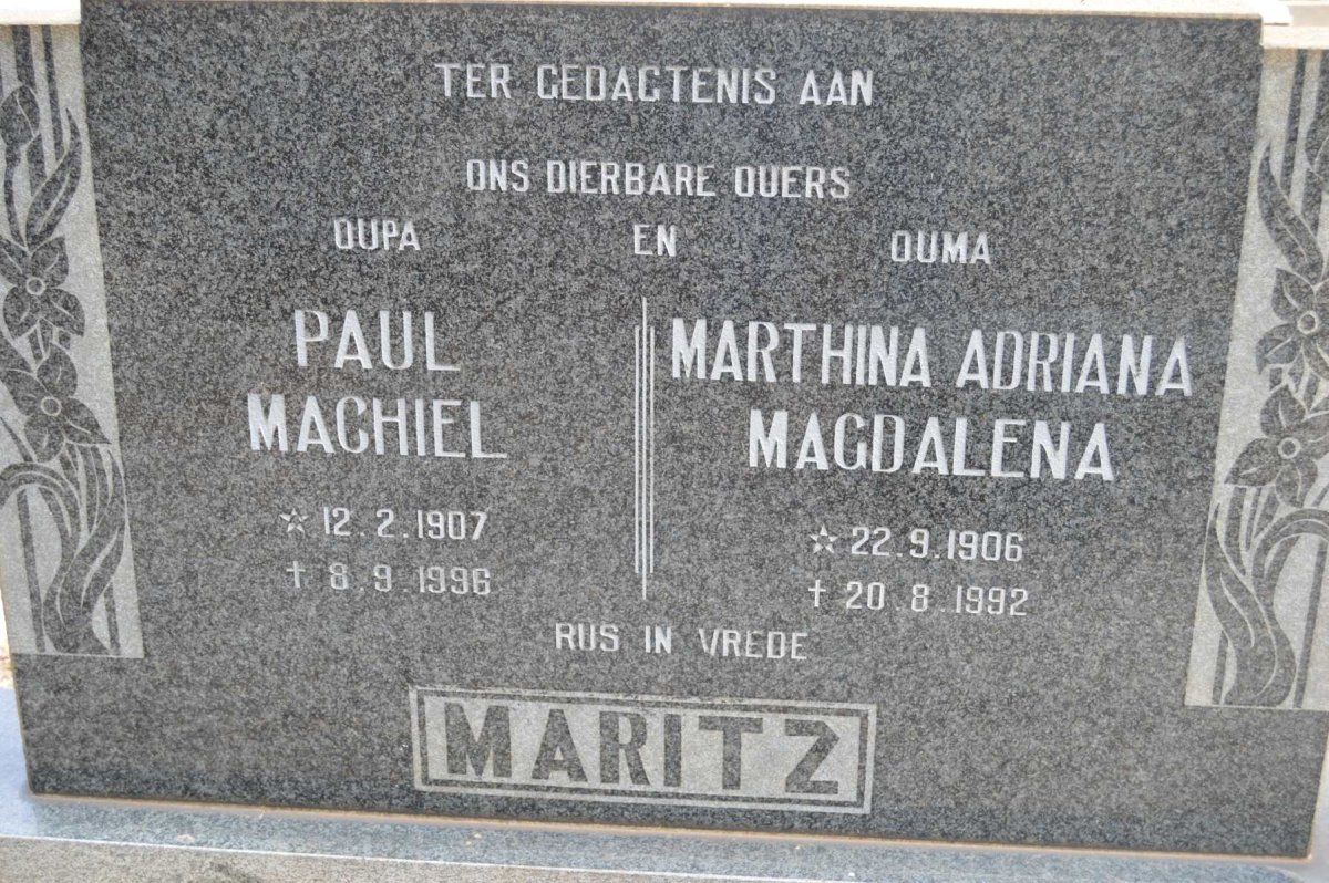 MARITZ Paul Machiel 1907-1996 &amp; Marthina Adriana Magdalena 1906-1992
