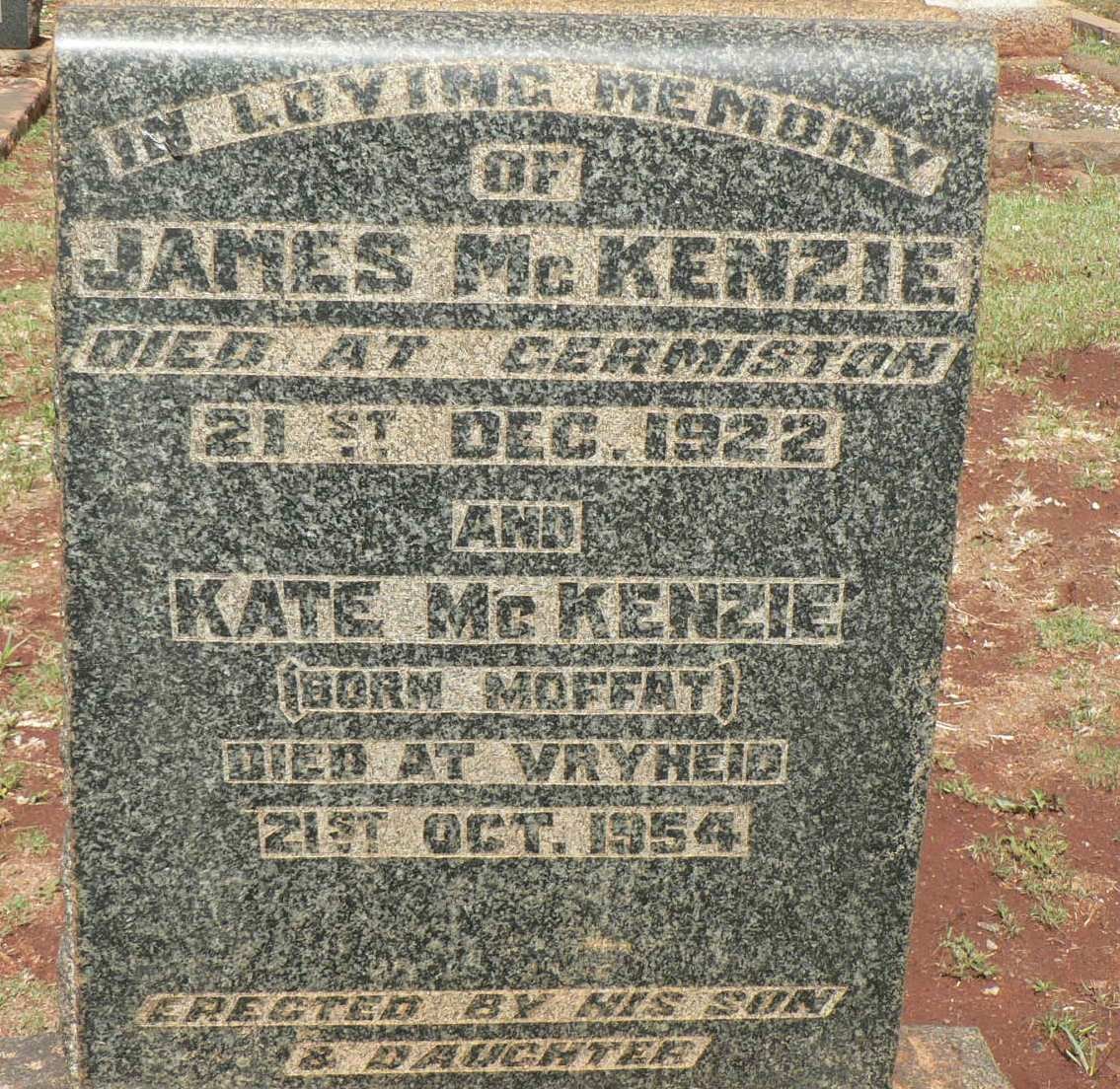 McKENZIE James -1922 &amp; Kate MOFFAT -1954