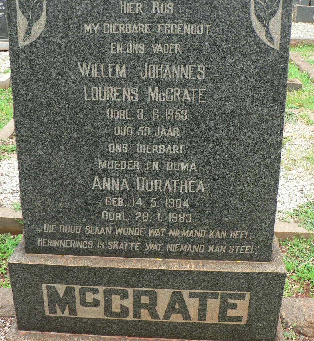 McCRATE Willem Johannes Lourens -1953 :: McCRATE Anna Dorathea 1904-1983