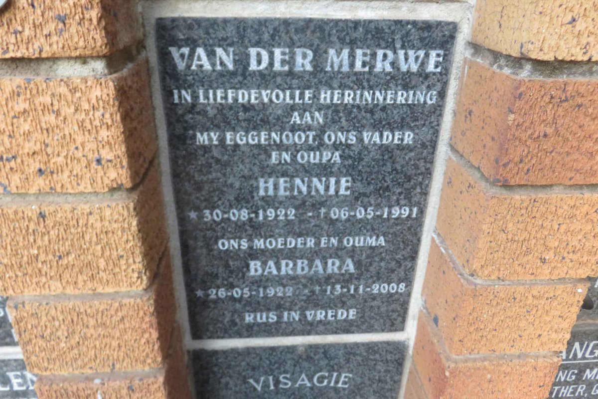 MERWE Hennie, van der 1922-1991 &amp; Barbara 1922-2008