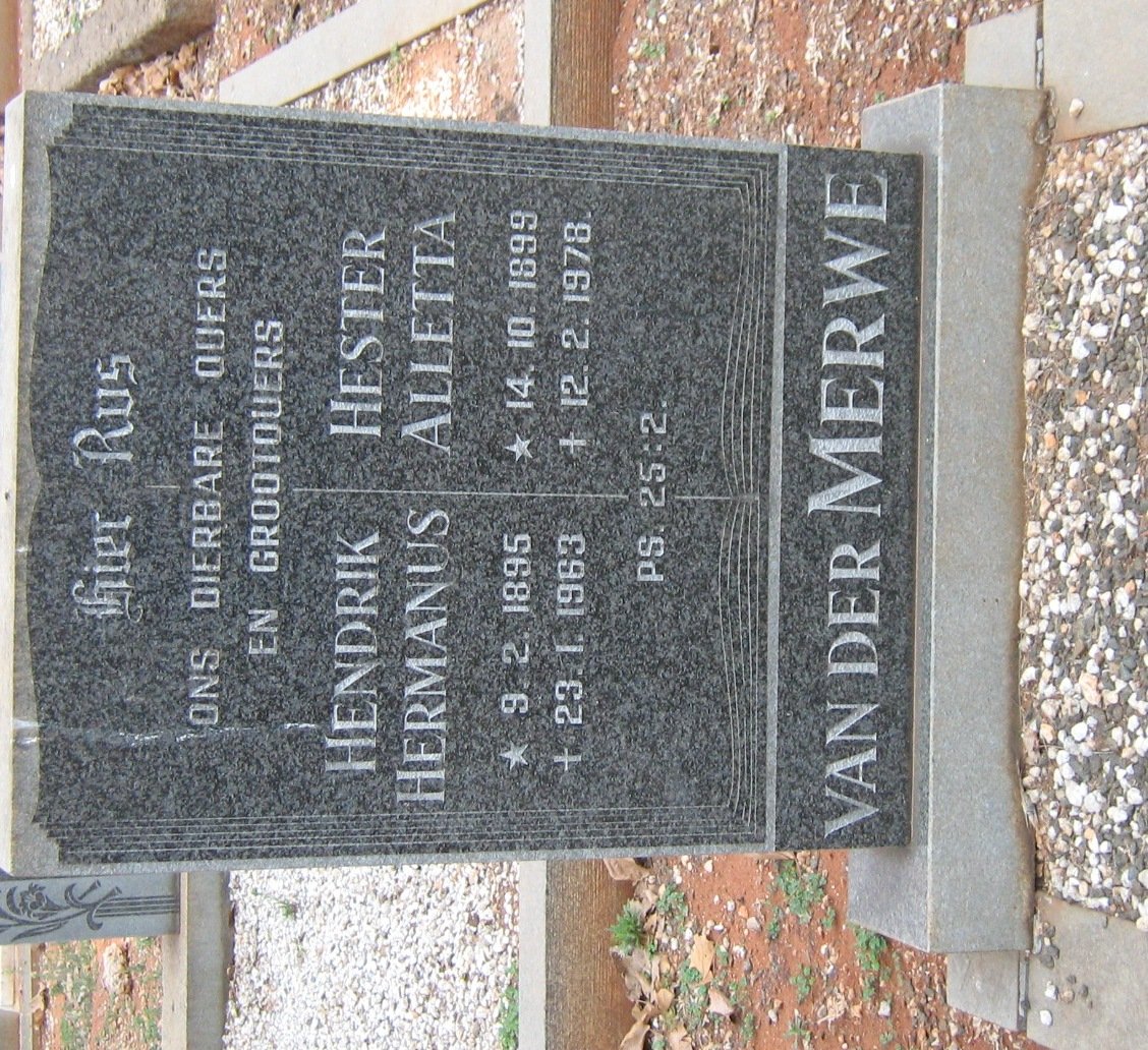 MERWE Hendrik Hermanus, van der 1895-1963 &amp; Hester Alletta 1899-1978