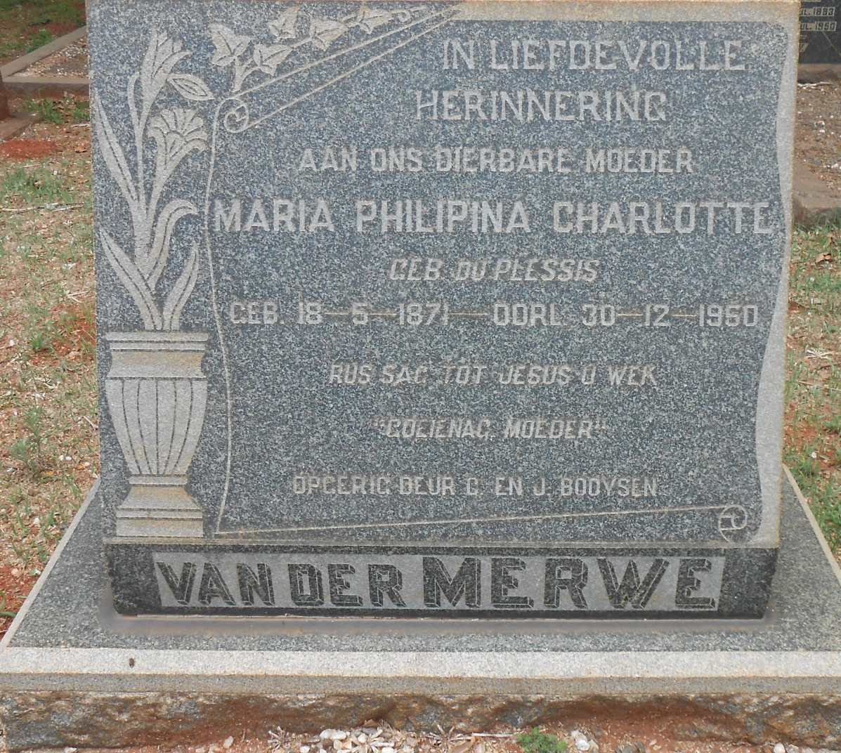 MERWE Maria Philipina Charlotte, van der nee DU PLESSIS 1871-1950