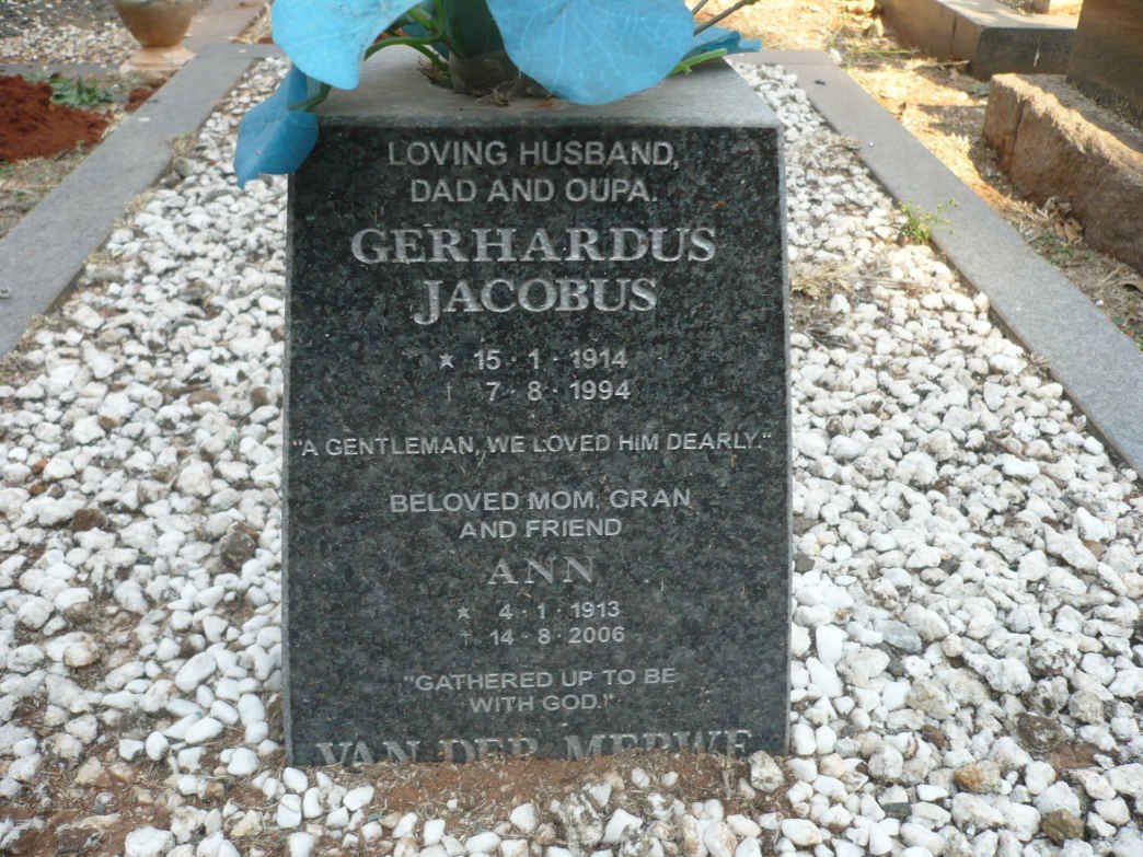 MERWE Gerhardus Jacobus, van der 1914-1994 &amp; Ann 1913-2006