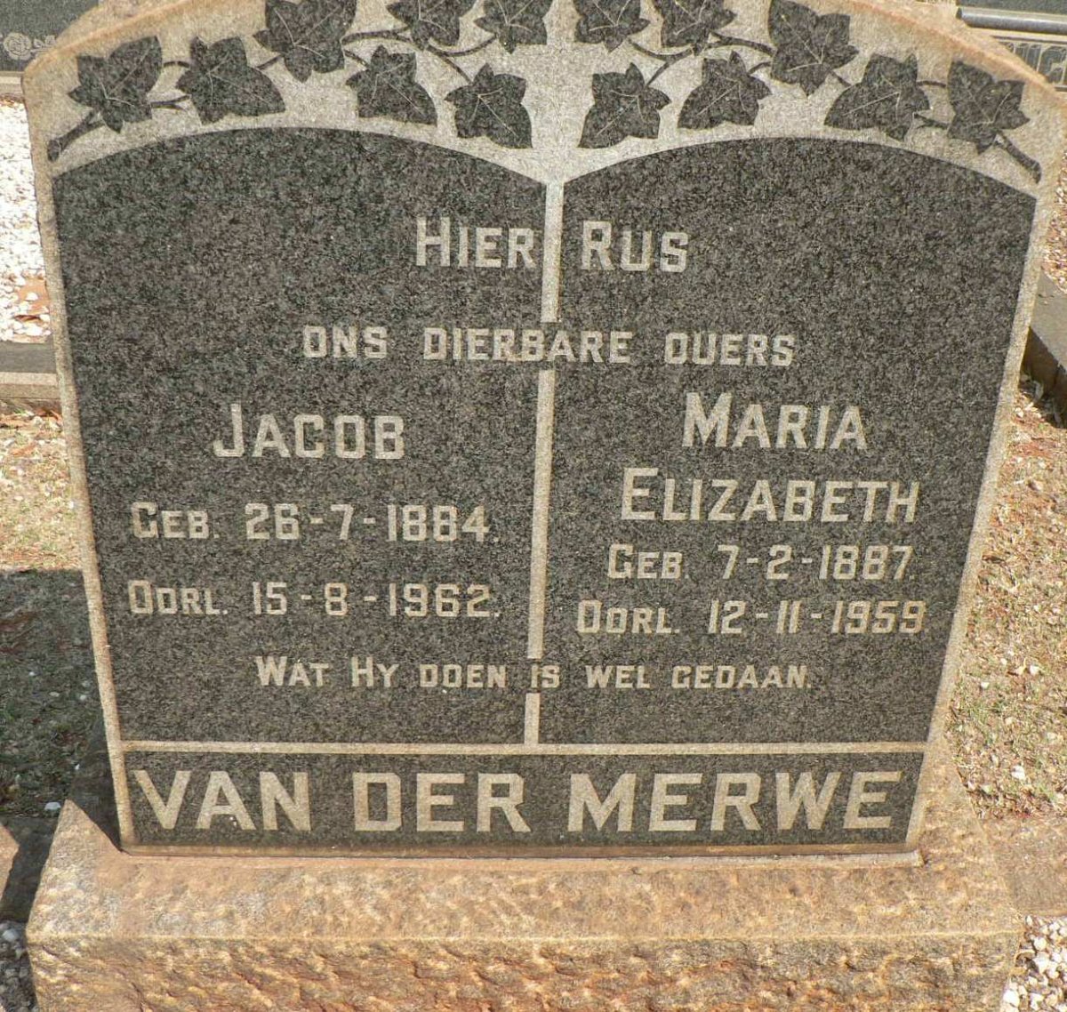 MERWE Jacob, van der 1884-1962 &amp; Maria Elizabeth 1887-1959