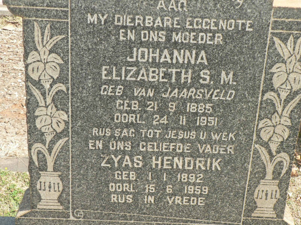 MERWE Zyas Hendrik 1892-1959, v.d. &amp; Johanna Elizabeth S.M. VAN JAARSVELD 1885-1951