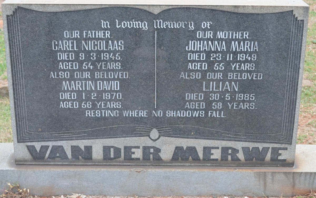 MERWE Carel Nicolaas, van der -1945 &amp; Johanna Maria -1948