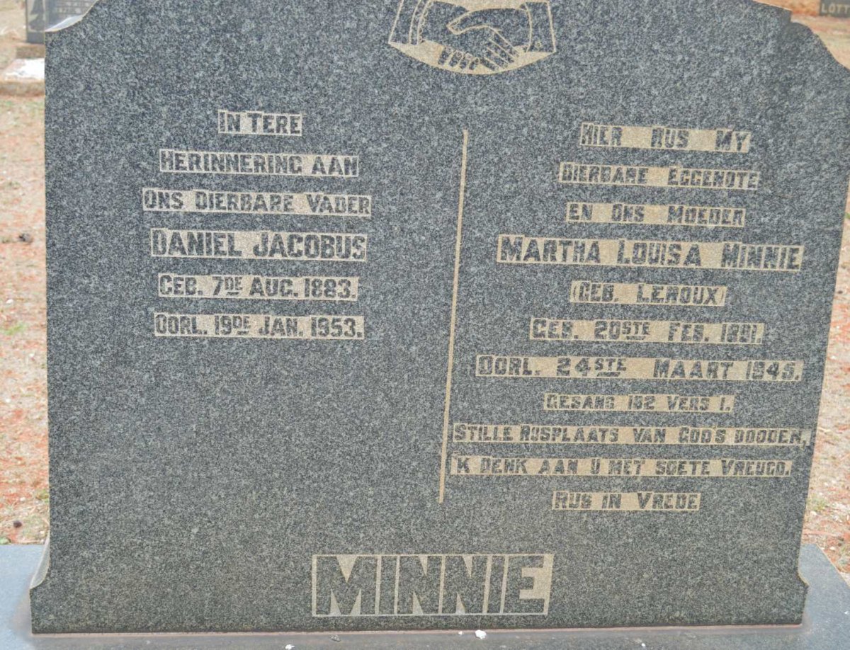 MINNIE Daniel Jacobus 1883-1953 &amp; Martha Louise LE ROUX 1891-1945