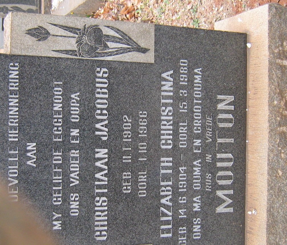 MOUTON Christiaan Jacobus 1902-1966 &amp; Elizabeth Christina 1904-1980