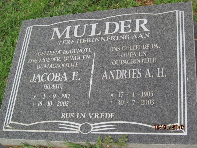 MULDER Andries A.H. 1905-2003 &amp; Jacoba E. 1917-2002