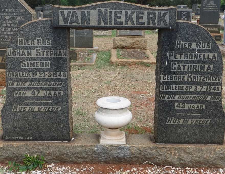 NIEKERK Johan Stephan Simeon, van -1946 &amp; Petronella Cathrina KRITZINGER -1945