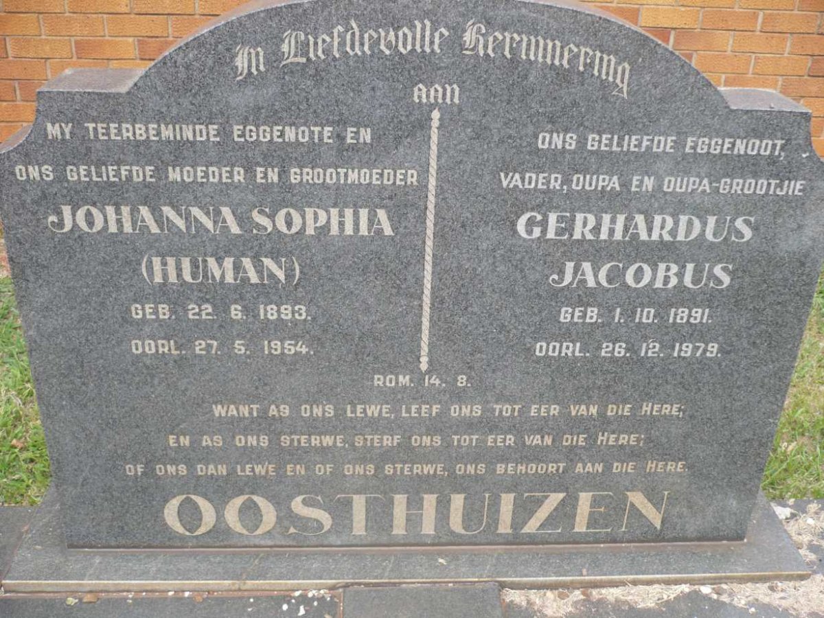 OOSTHUIZEN Gerhardus Jacobus 1891-1979 &amp; Johanna Sophia HUMAN 1893-1954