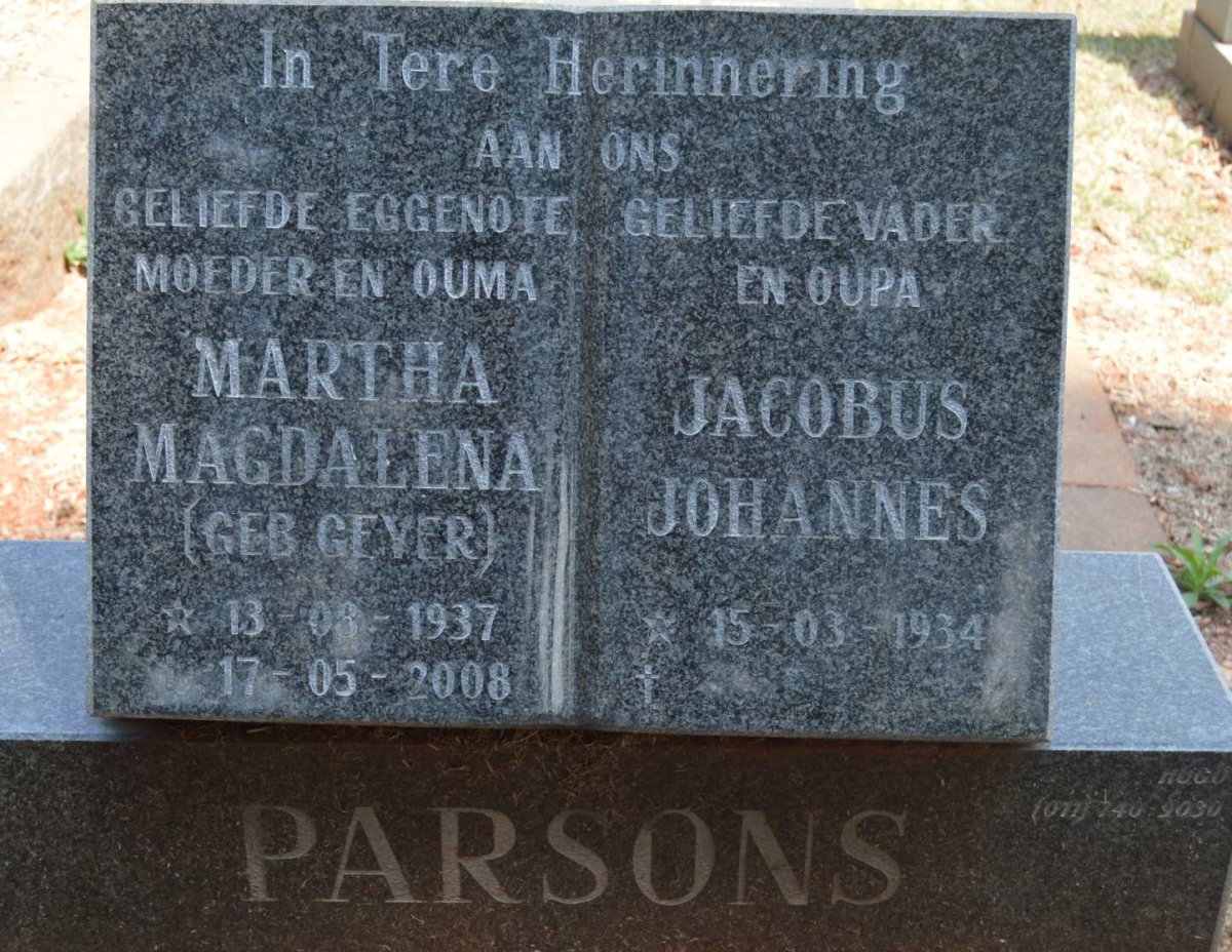PARSONS Jacobus Johannes -1934 &amp; Martha Magdalena GEYER 1937-2008