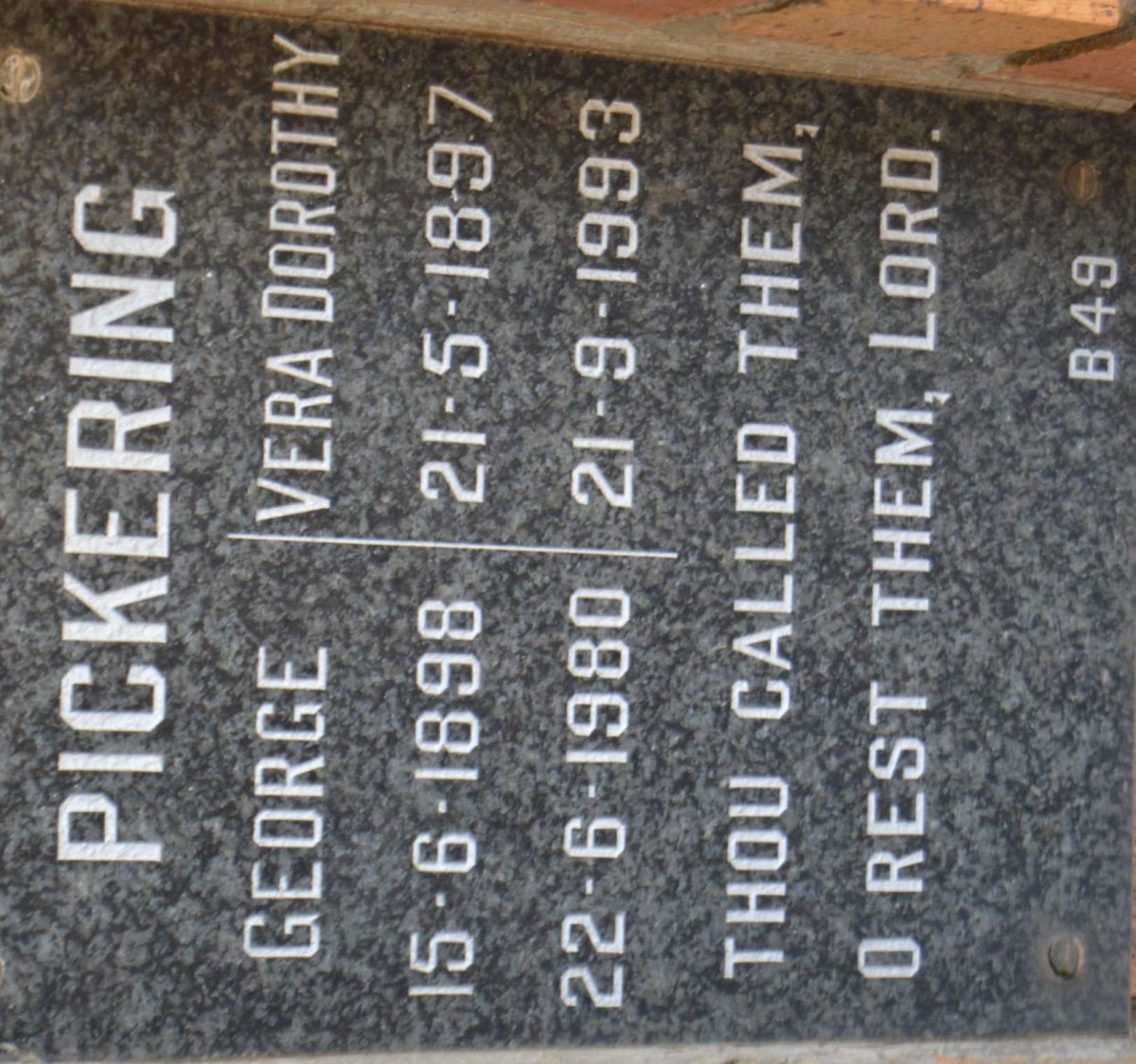 PICKERING George 1898-1980 &amp; Vera Dorothy 1897-1993