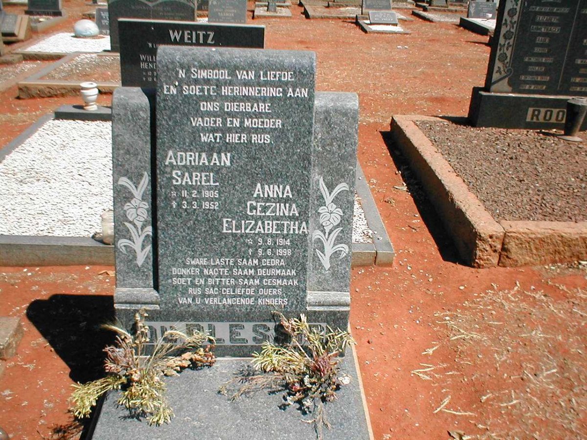 PLESSIS Adriaan Sarel, du 1905-1952 &amp; Anna Gezina Elizabetha 1914-1998