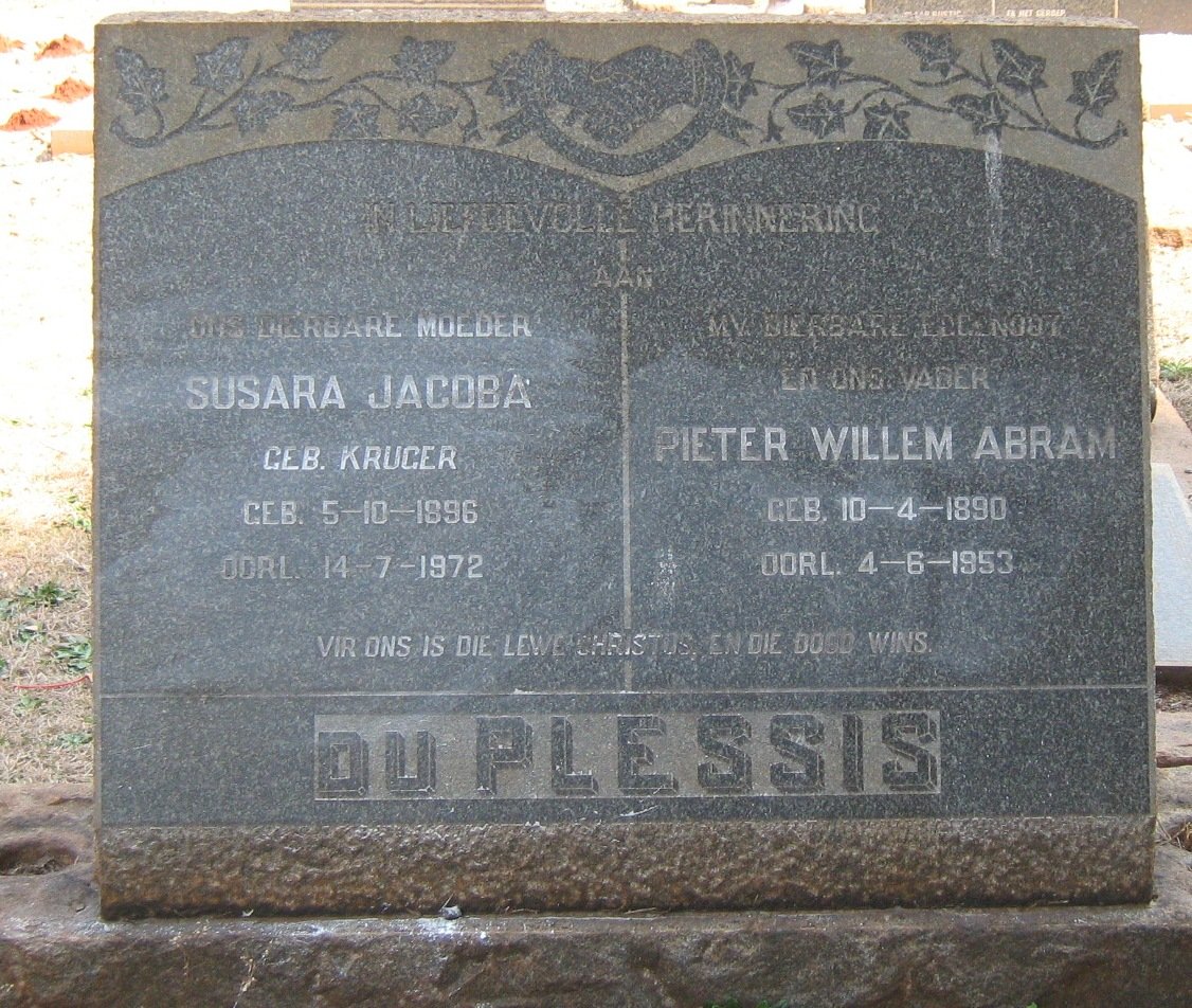PLESSIS Pieter Willem Abram, du 1890-1953 &amp; Susara Jacoba KRUGER 1896-1972