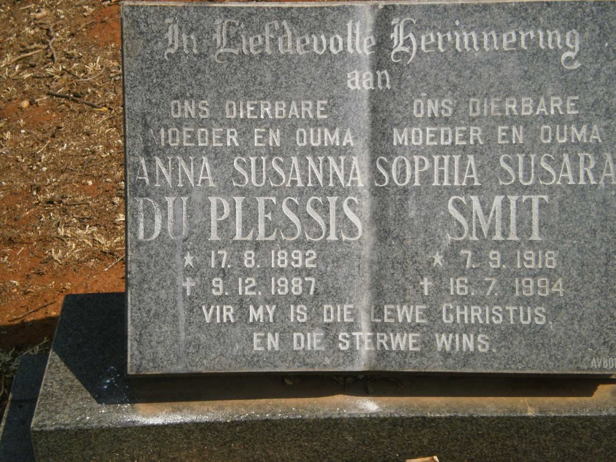 PLESSIS Anna Susanna, du 1892-1987 :: SMIT Sophia Susara 1918-1994