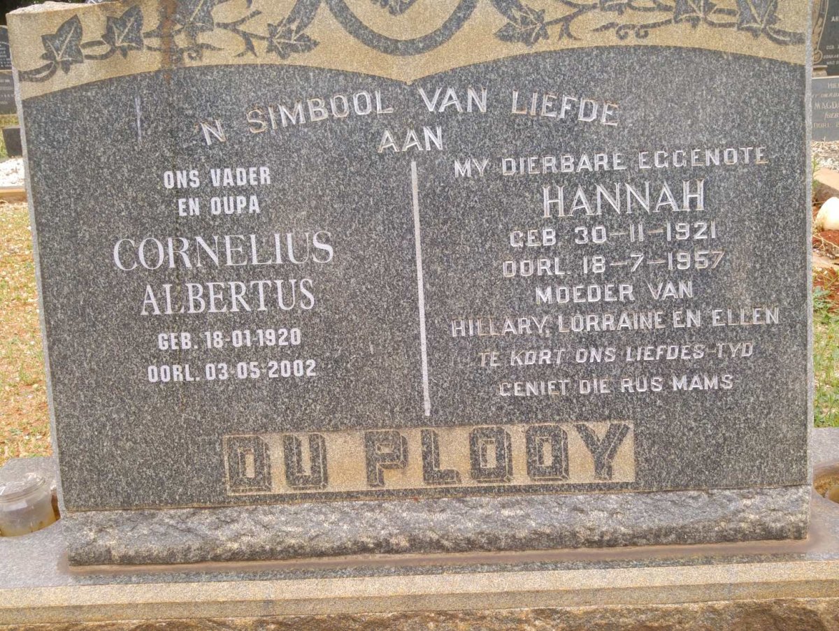 PLOOY Cornelius Albertus, du 1920-2002 &amp; Hannah 1921-1957