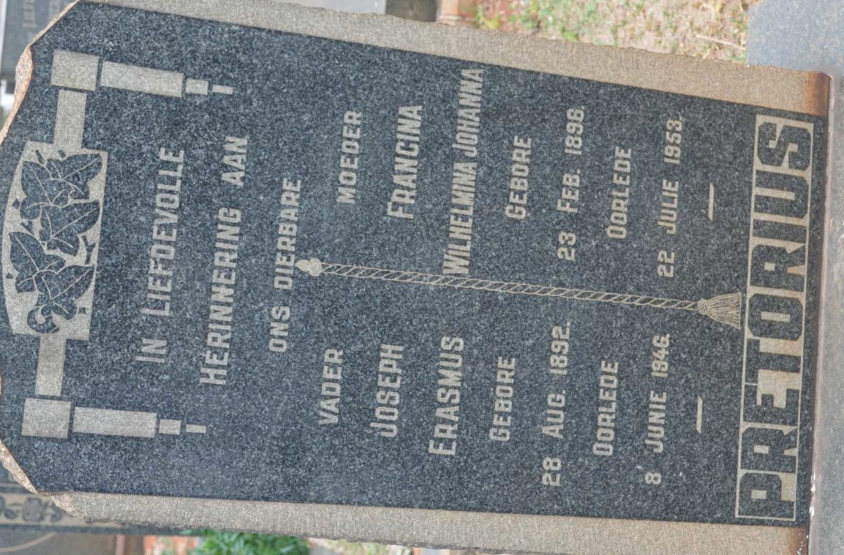 PRETORIUS Joseph Erasmus 1892-1946 &amp; Francina Wilhelmina Johanna 1896-1953
