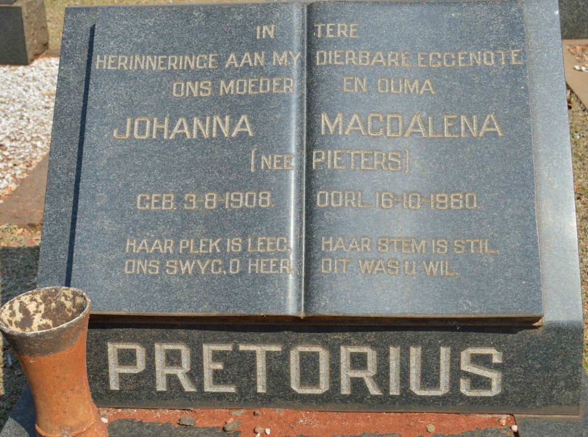 PRETORIUS Johanna Magdalena nee PIETERS 1908-1960