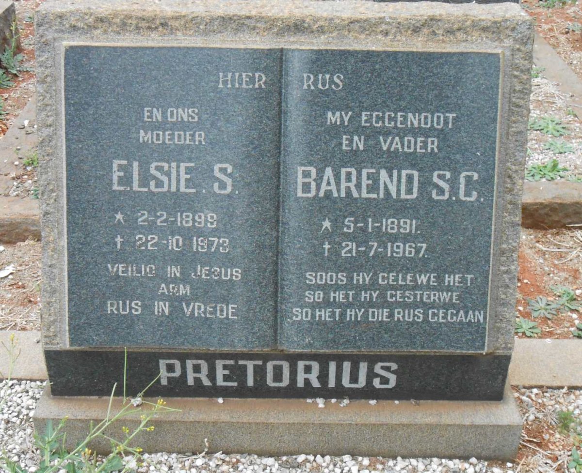PRETORIUS Barend S.C. 1891-1967 &amp; Elsie S. 1899-1973