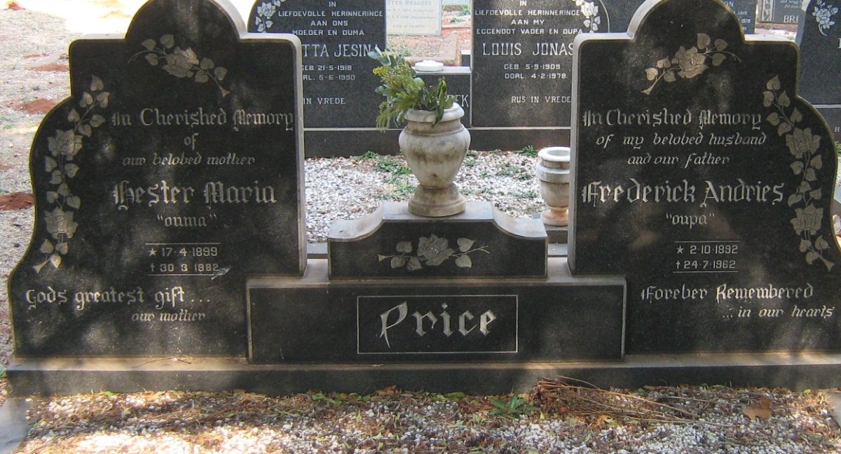 PRICE Frederick Andries 1892-1962 &amp; Hester Maria 1899-1982
