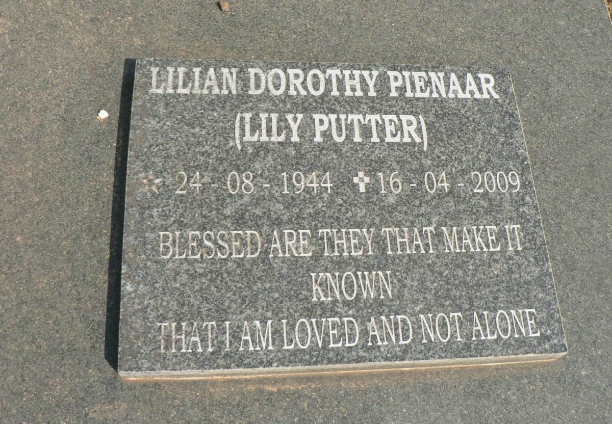 PIENAAR Lilian Dorothy nee PUTTER 1944-2009