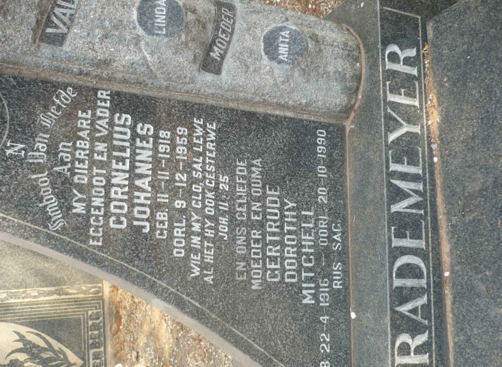 RADEMEYER Cornelius Johannes 1918-1959 &amp; MITCHELL Gertrude Dorothy 1916-1990