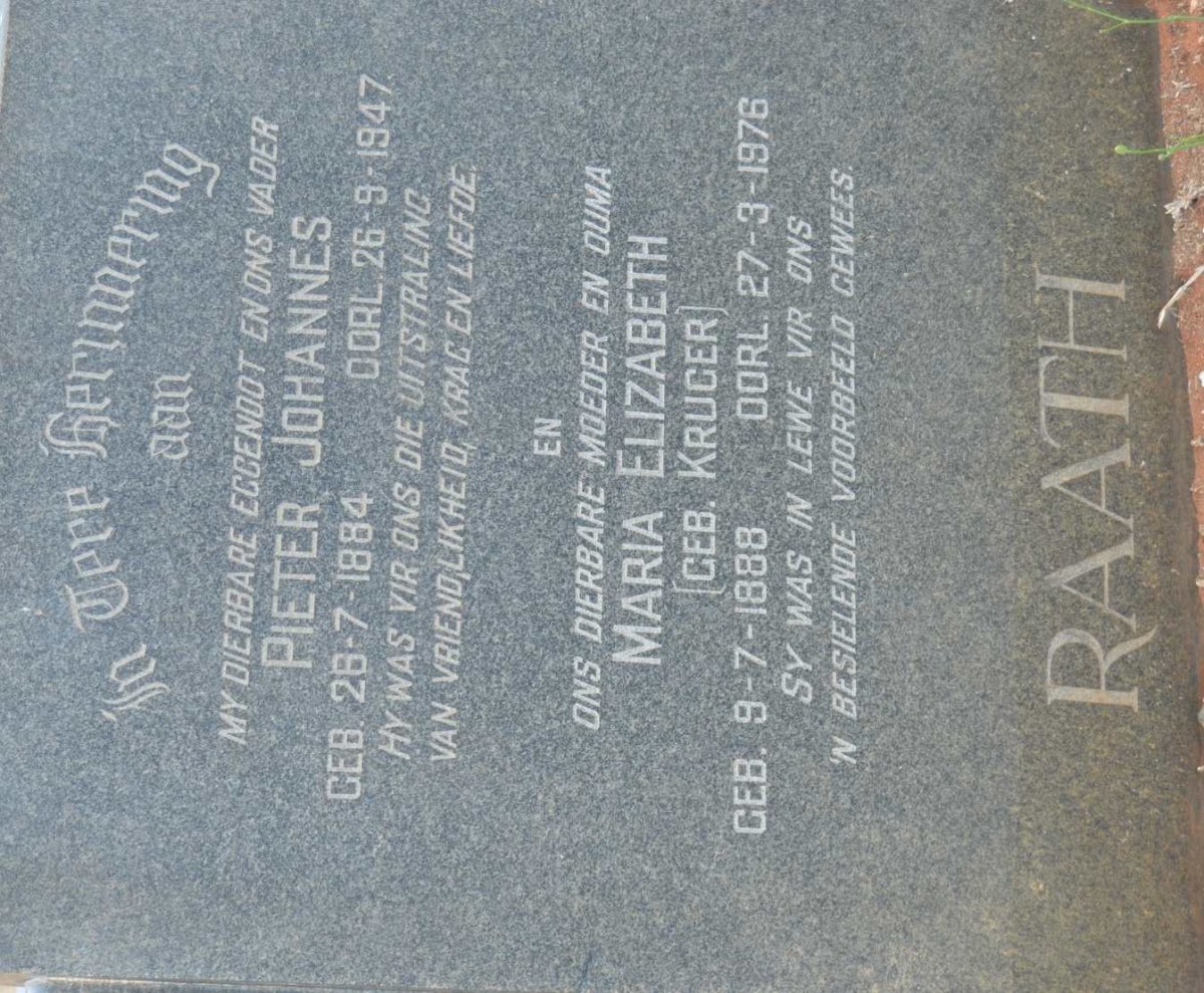 RAATH Pieter Johannes 1884-1947 &amp; Maria Elizabeth KRUGER 1888-1976