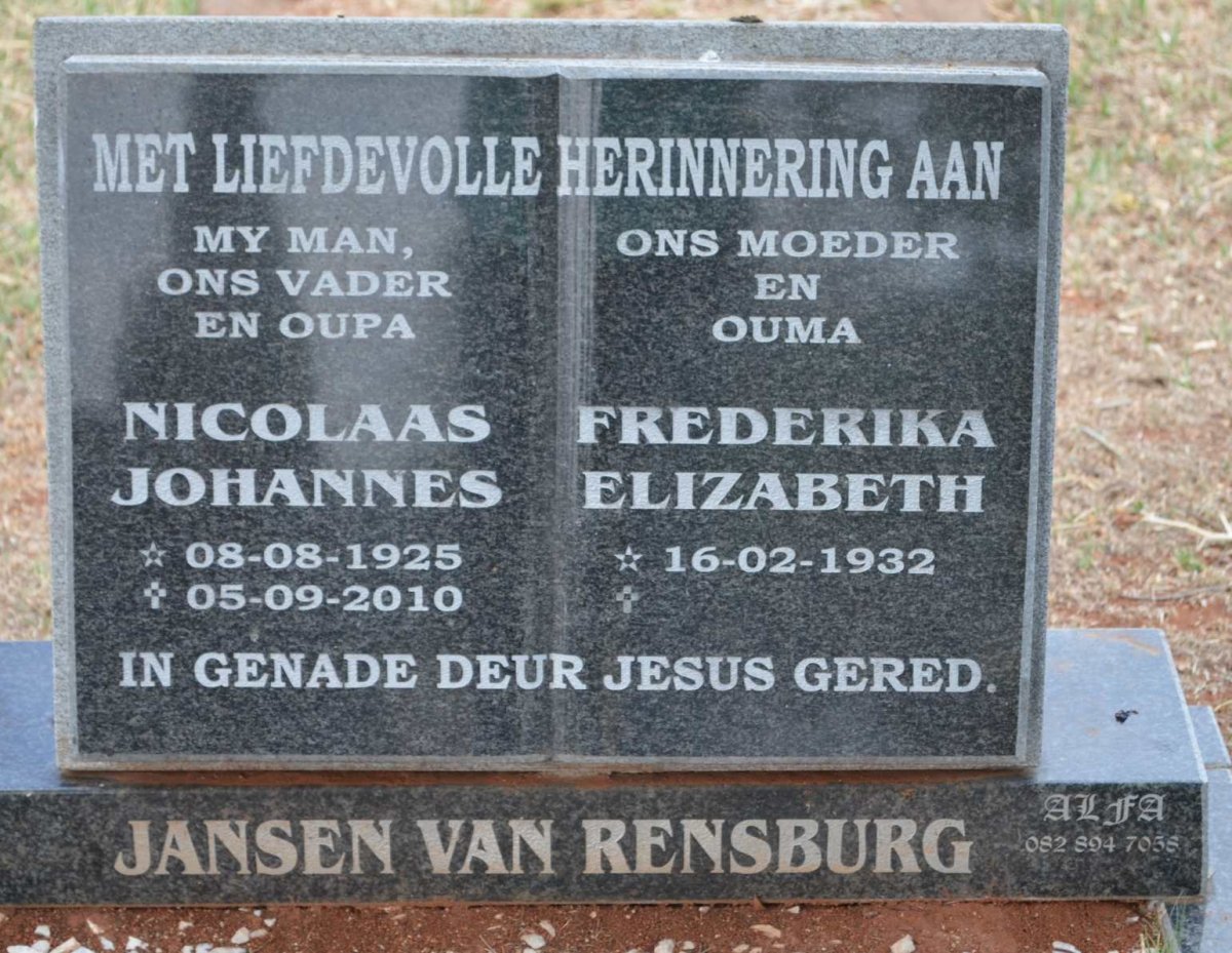RENSBURG Nicolaas Johannes, Jansen van 1925-2010 &amp; Frederika Elizabeth 1932-