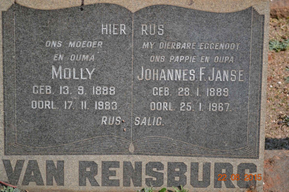 RENSBURG Johannes F. Janse, van 1889-1967 &amp; Molly 1888-1983