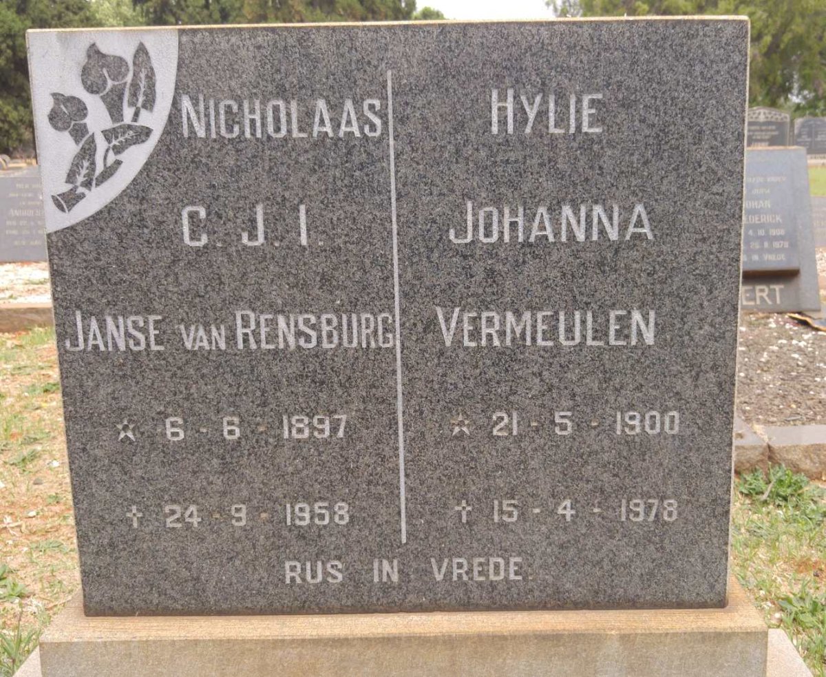 RENSBURG Nicholaas C.J.I., Janse van 1897-1958 :: VERMEULEN Hylie Johanna 1900-1978