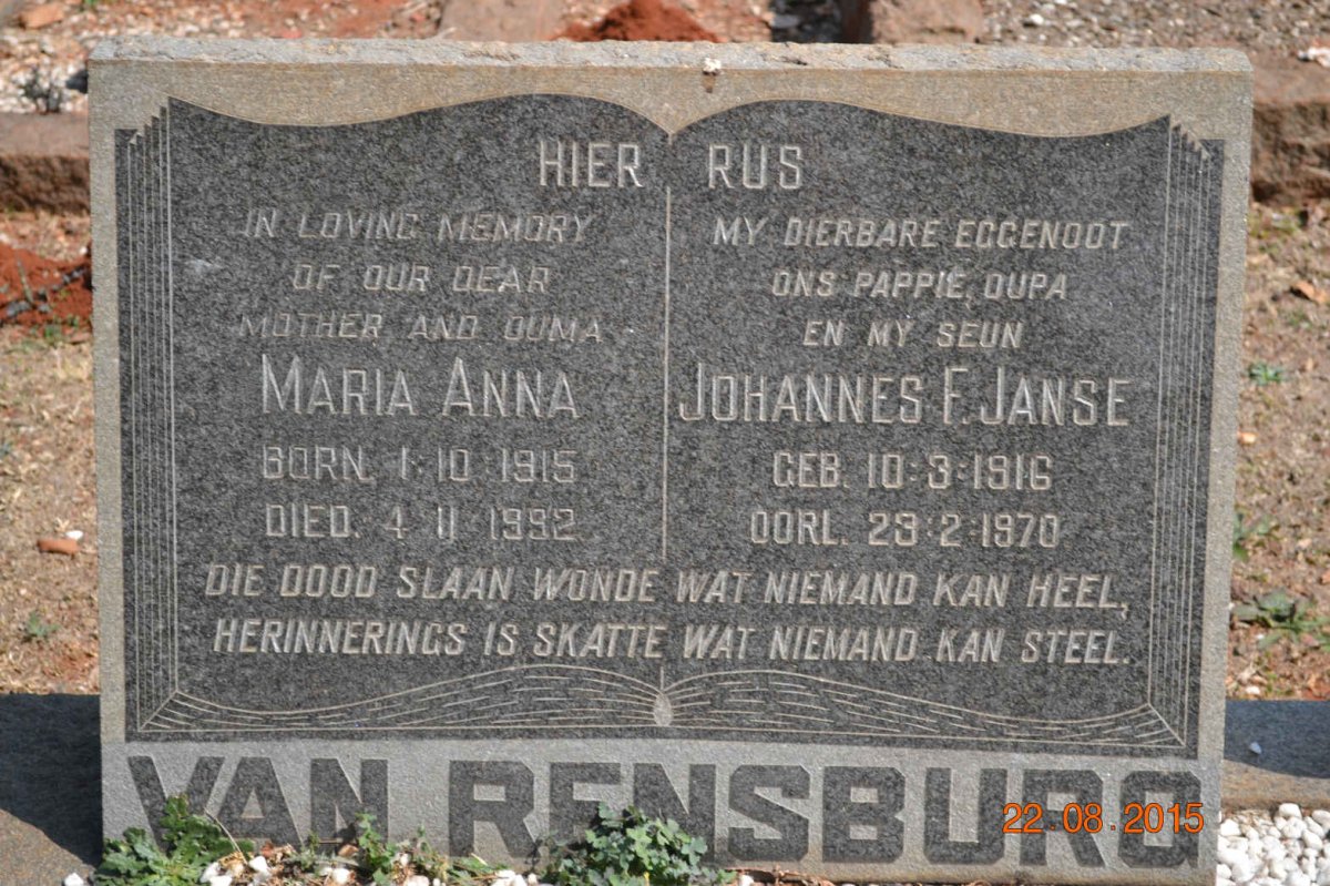 RENSBURG Johannes F. Janse, van 1916-1970 &amp; Maria Anna 1915-1992