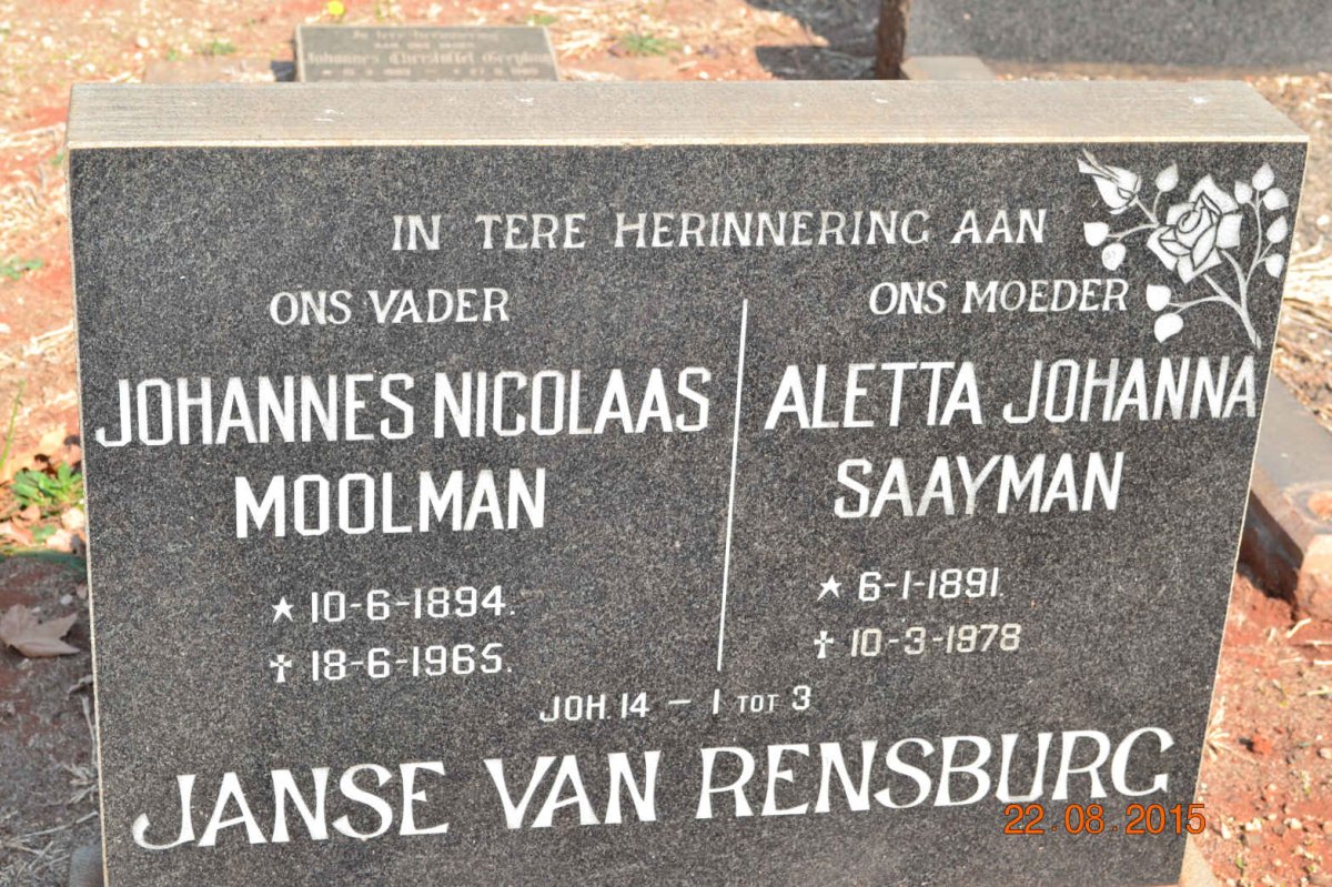 RENSBURG Johannes Nicolaas Moolman, Janse van 1894-1965 &amp; Aletta Johanna SAAYMAN 1891-1978