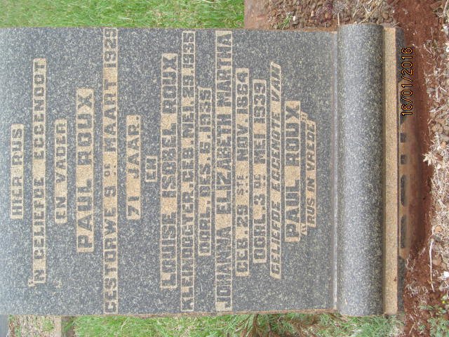 ROUX Paul -1929 &amp; Johanna Elizabeth Martha 1864-1939 :: ROUX Louise Isobel 1935-1935