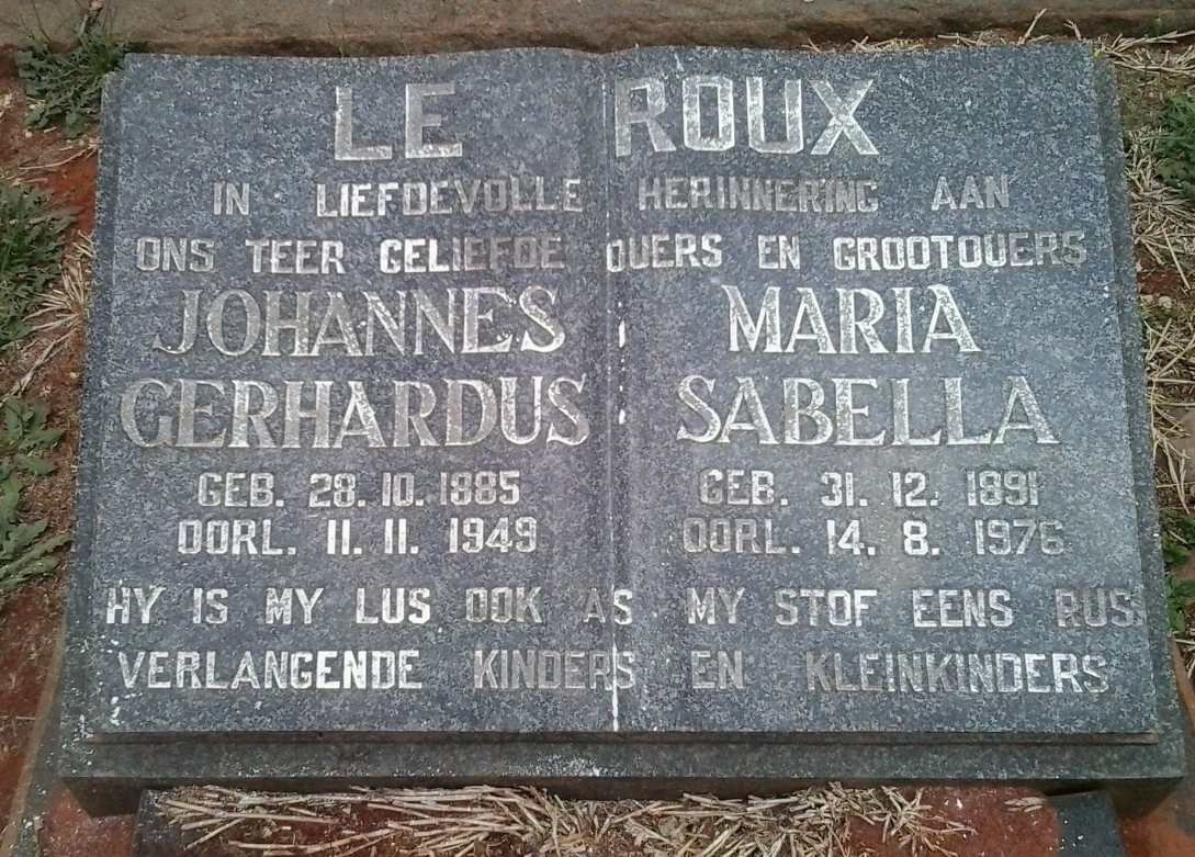 ROUX Johannes Gerhardus, le 1885-1949 &amp; Maria Sabella 1891-1976