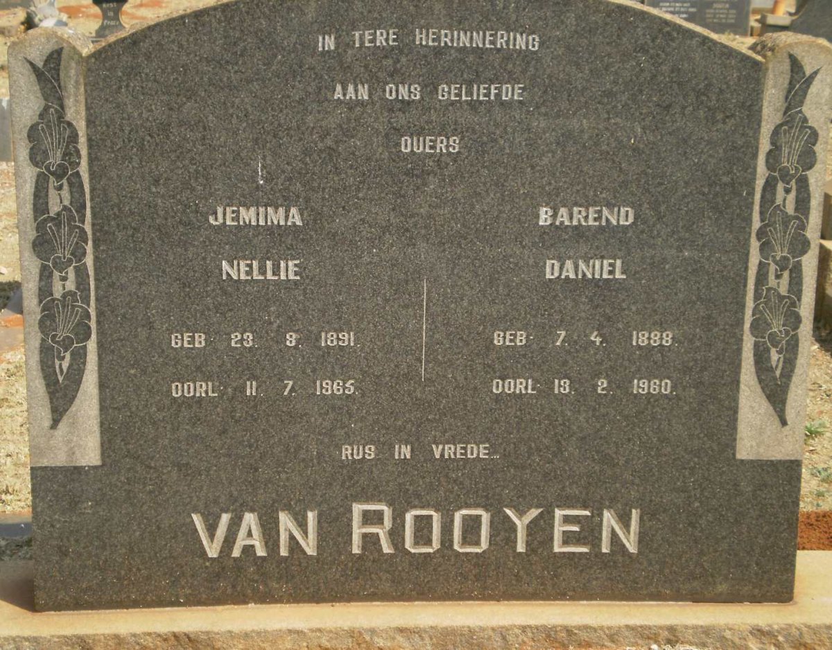 ROOYEN Barend Daniel, van 1888-1960 &amp; Jemima Nellie 1891-1965