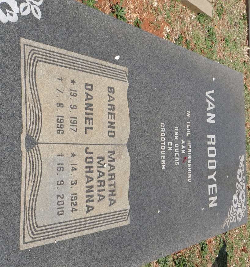 ROOYEN Barend Daniel, van 1917-1996 &amp; Martha Maria Johanna 1924-2010