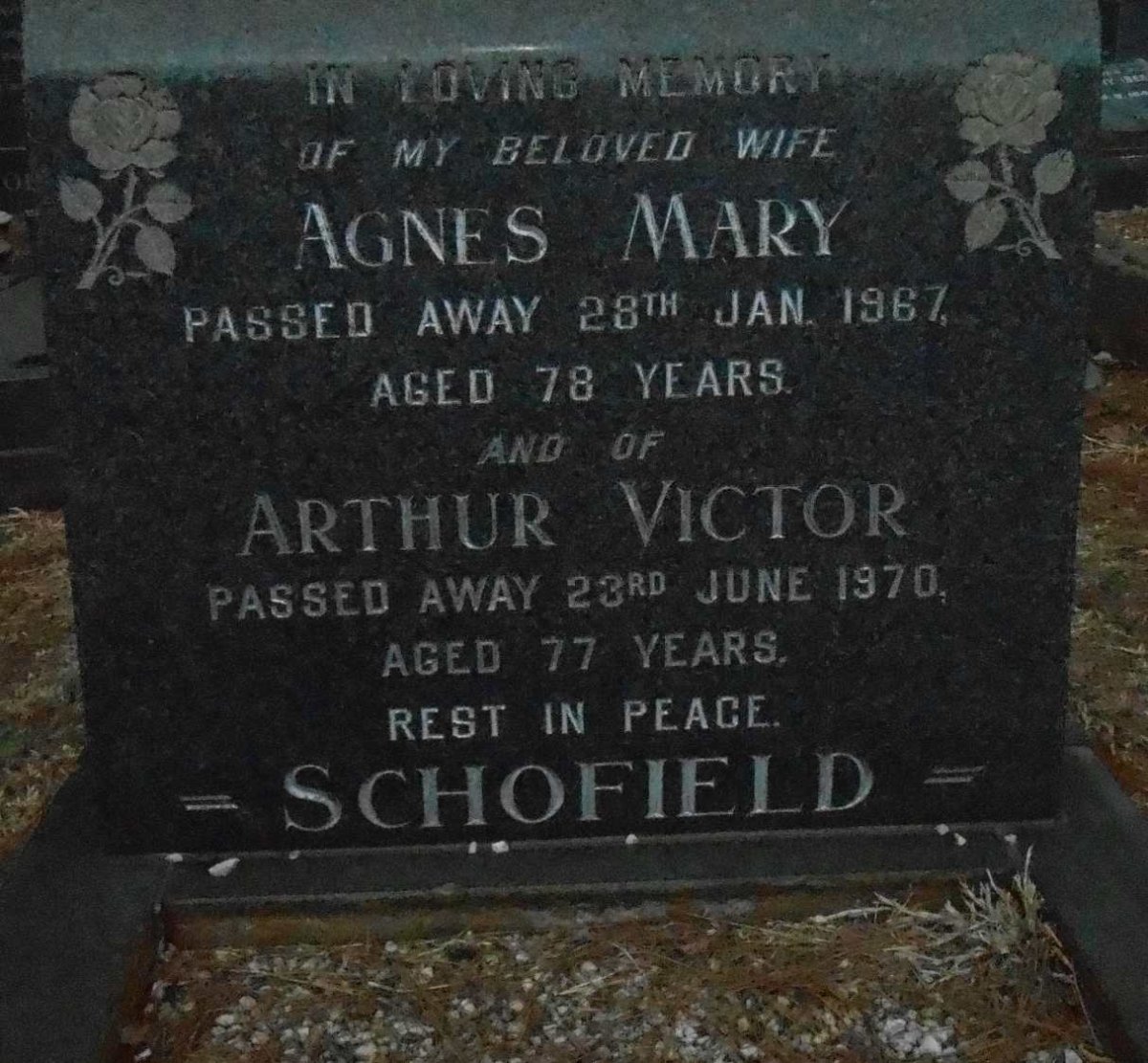 SCHOFIELD Arthur Victor -1970 &amp; Agnes Mary -1967