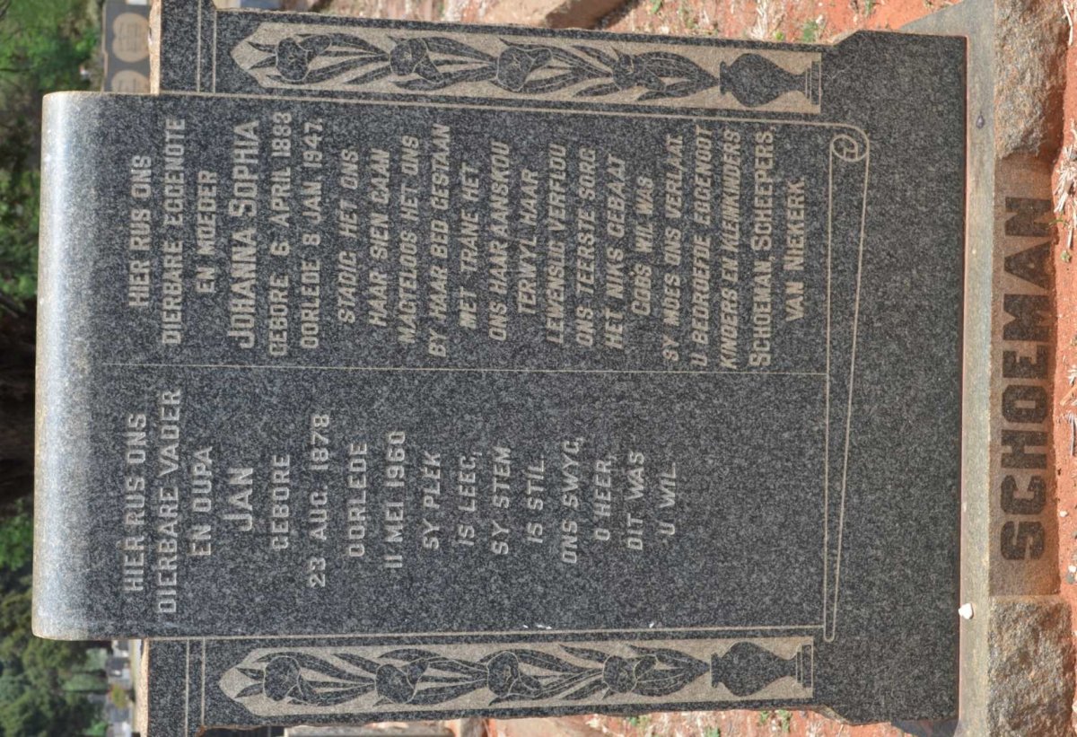SCHOEMAN Jan 1878-1960 &amp; Johanna Sophia 1883-1947