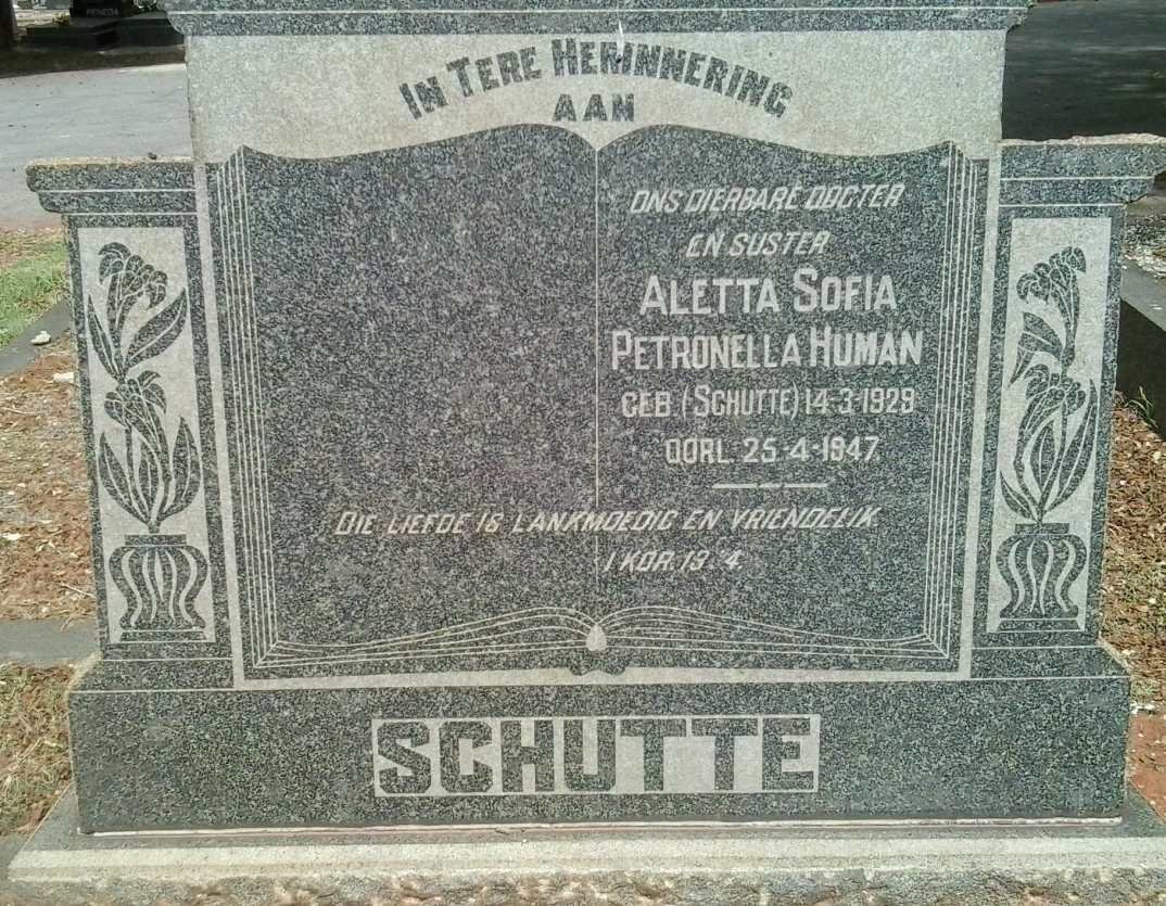 SCHUTTE Aletta Sofia Petronella Human nee SCHUTTE 1929-1947