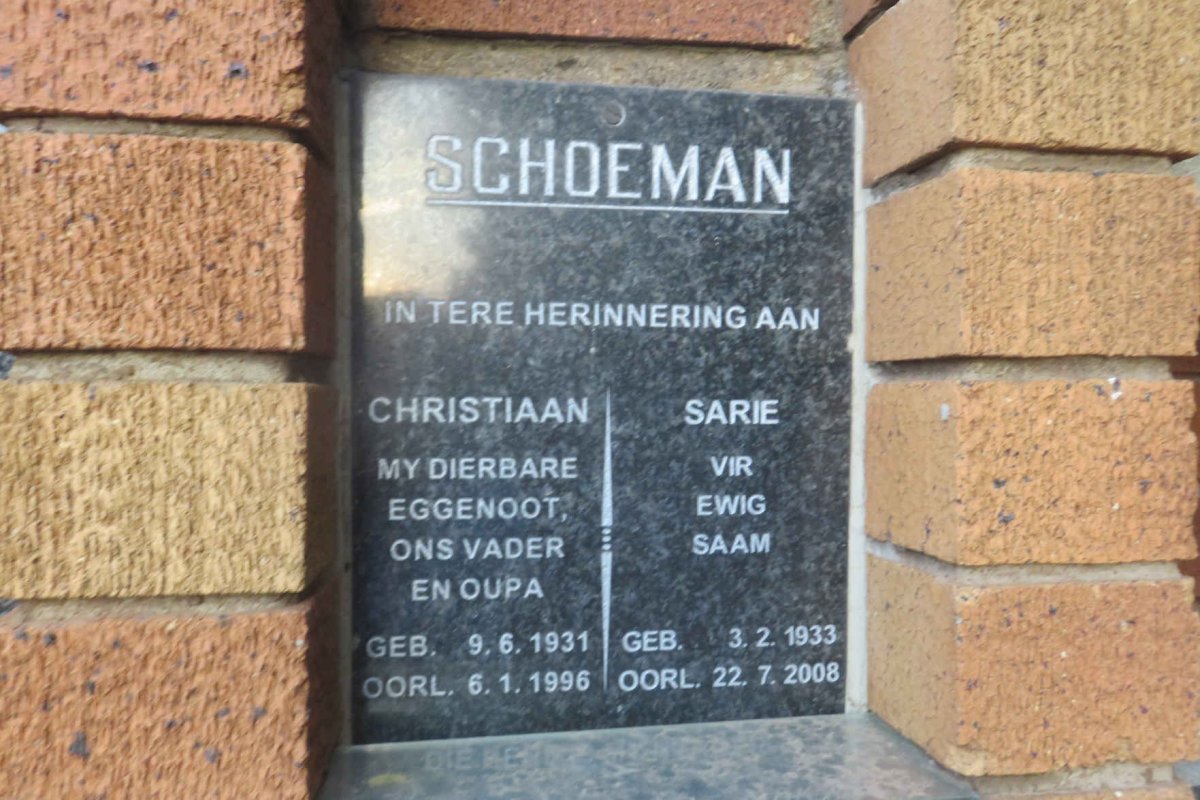 SCHOEMAN Christiaan 1931-1996 &amp; Sarie 1933-2008
