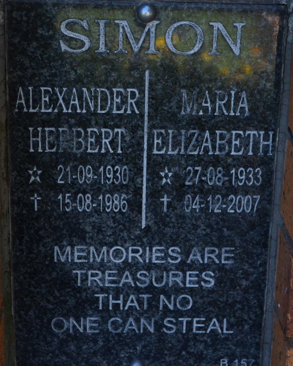 SIMON Alexander Herbert 1930-1986 &amp; Maria Elizabeth 1933-2007