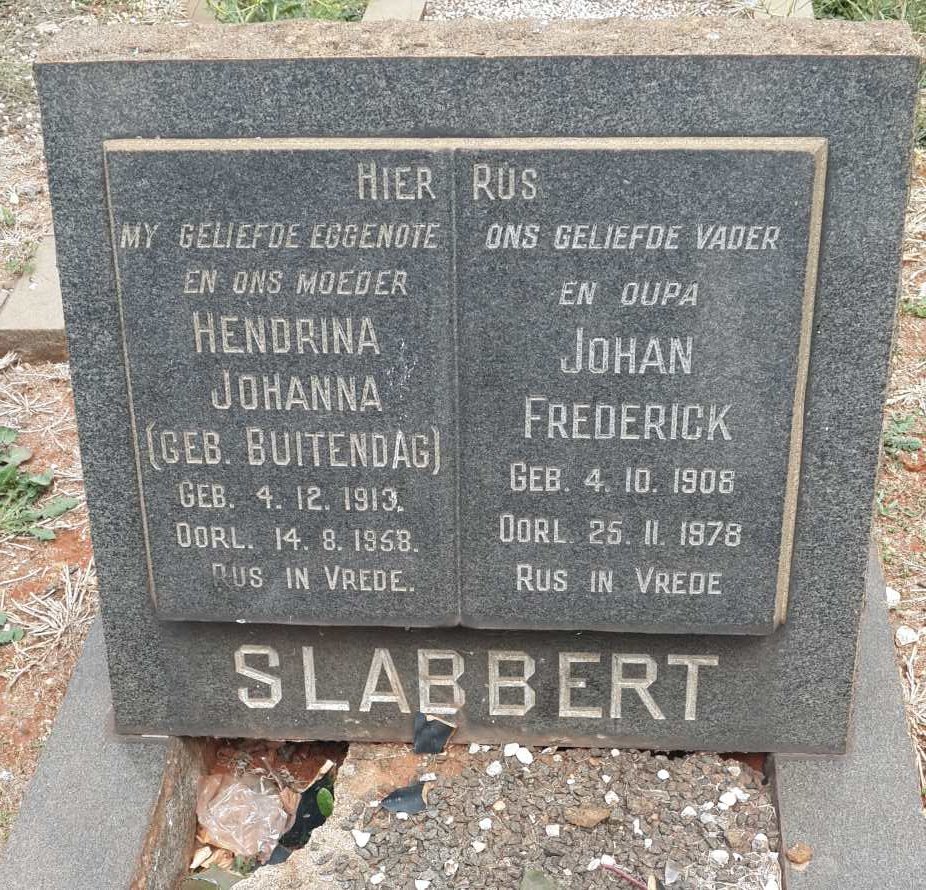 SLABBERT Johan Frederick 1908-1978 &amp; Hendrina Johanna BUITENDAG 1913-1958