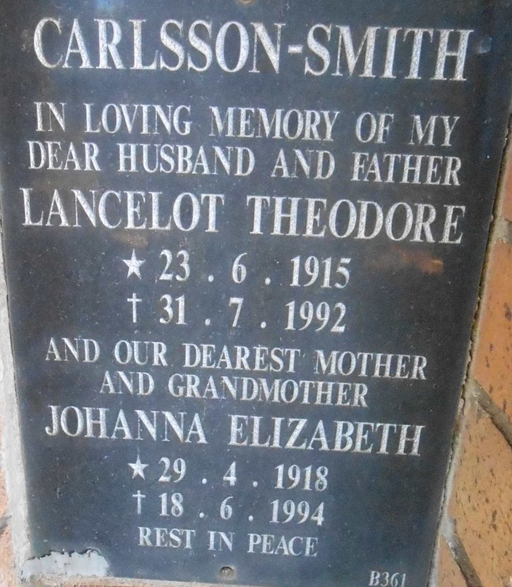 SMITH Lancelot Theodore, CARLSSON 1915-1992 &amp; Johanna Elizabeth 1918-1994