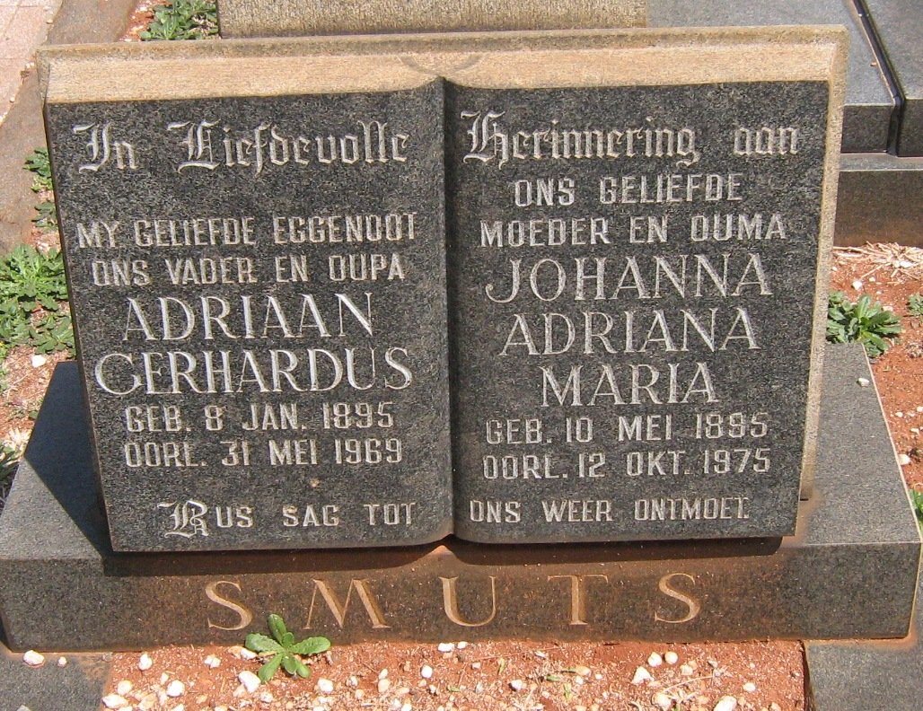 SMUTS Adriaan Gerhardus 1895-1969 &amp; Johanna Adriana Maria 1895-1975