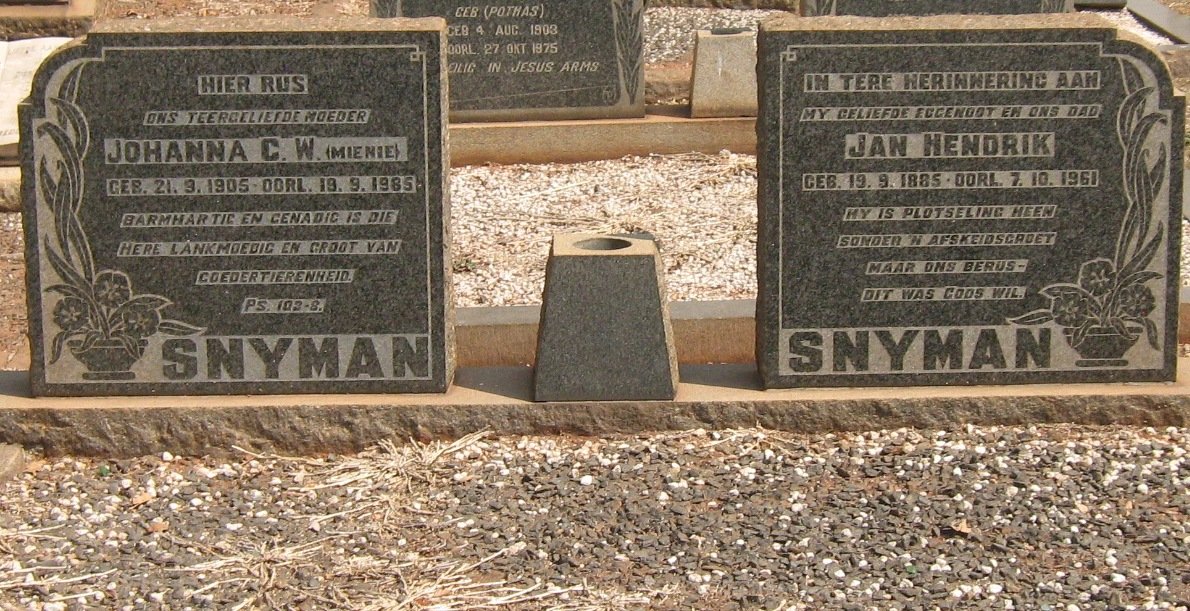 SNYMAN Jan Hendrik 1885-1961 &amp; Johanna C.W. 1905-1985