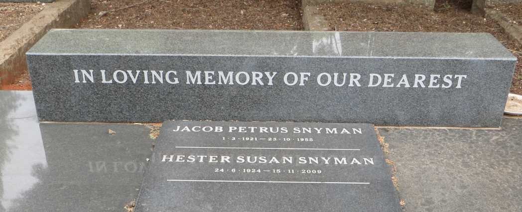 SNYMAN Jacob Petrus 1921-1955 &amp; Hester Susan 1924-2009